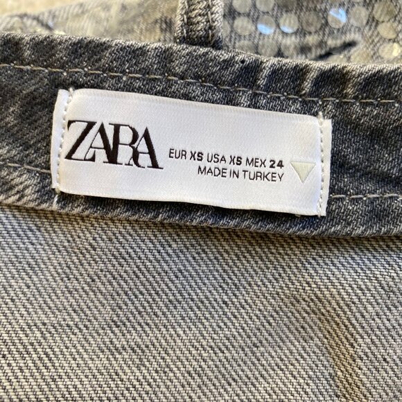 ZARA gray denim clear sequin embellished foil crop top, sz S - Picture 5 of 7